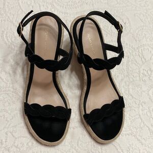 Stuart Weitzman Black Suede Scalloped Wedge Sandals Size 6.5M